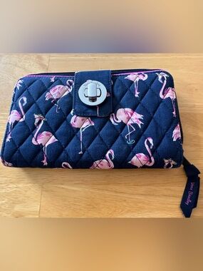 Vera Bradley Navy Quilted Wallet with Pink Flamingo Motif